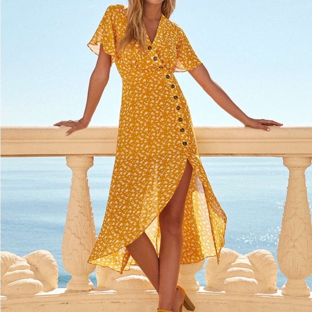 Lulus After-bloom Delight Golden Yellow Floral Print Midi Dress - Size S